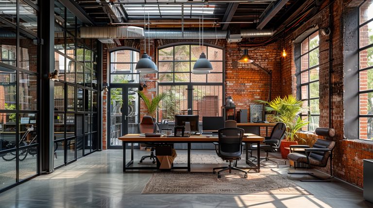 photo of an industrial tech loft office with exposed brick walls, high ceilings, and metal beams --ar 16:9 Job ID: 9638d8be-5b02-44ca-8fb3-553ac857d0b3