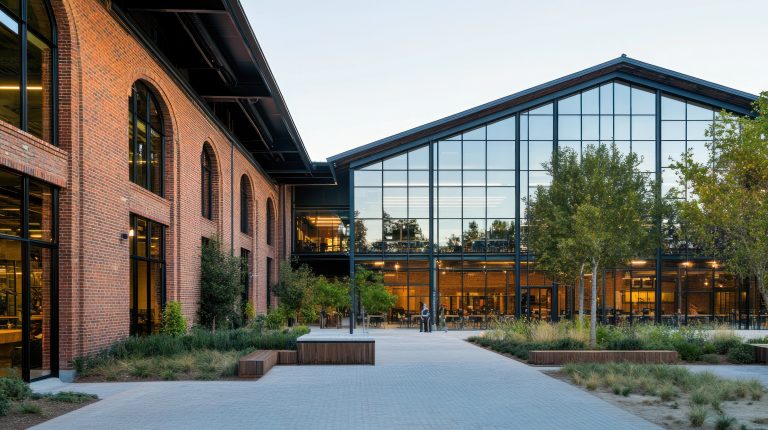 Modern Brick Building With Glass Addition And Courtyard