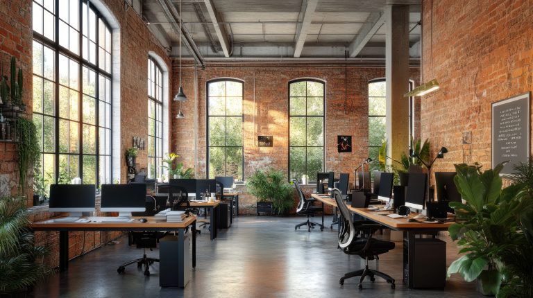 An industrial-style office with exposed brick and high ceilings, boasting large windows offering a vibrant outside view, and comfortable computer desks arranged for collaborative teamwork --ar 16:9 --v 6.1 Job ID: 90e80ca6-8ad2-4287-aacf-52b28261f019