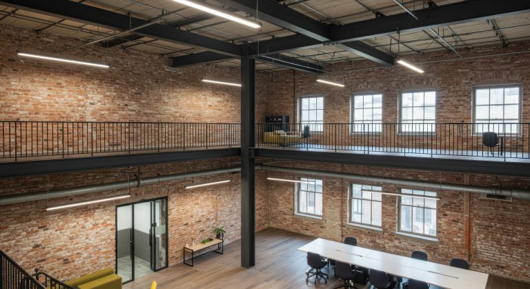 Modern office interior, exposed brick